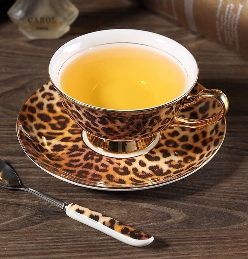 Eplze YBK Tech Euro Style Bone China Cup& Saucer Set, Ceramic Tea Coffee Cup for Home Kitchen Wedding (Leopard Pattern) - Image 2